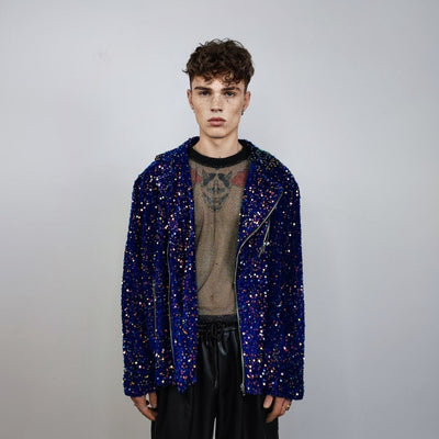 Sequin biker jacket purple blue glitter bomber sparkle night club coat party blazer glam rock overcoat fancy dress embellished going out top