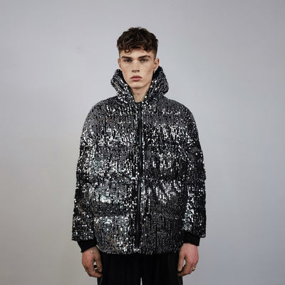 Silver sequin hooded bomber glitter jacket sparkle puffer party varsity festival fancy dress embellished coat going out top metallic grey