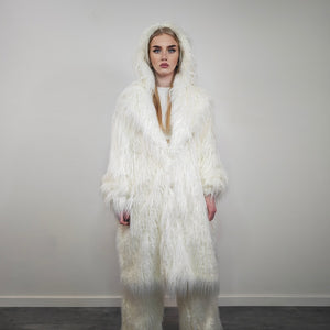 White shaggy fur coat longline hairy trench long hair overcoat fuzzy rave bomber festival jacket acid Burning man customizable peacoat