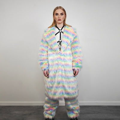 Rainbow shaggy fur coat longline striped carnival trench Gay overcoat fuzzy rave bomber Pride festival jacket LGBT custom fluffy peacoat