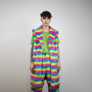 Rainbow shaggy fur coat longline striped carnival trench Gay overcoat fuzzy rave bomber Pride festival jacket LGBT custom fluffy peacoat