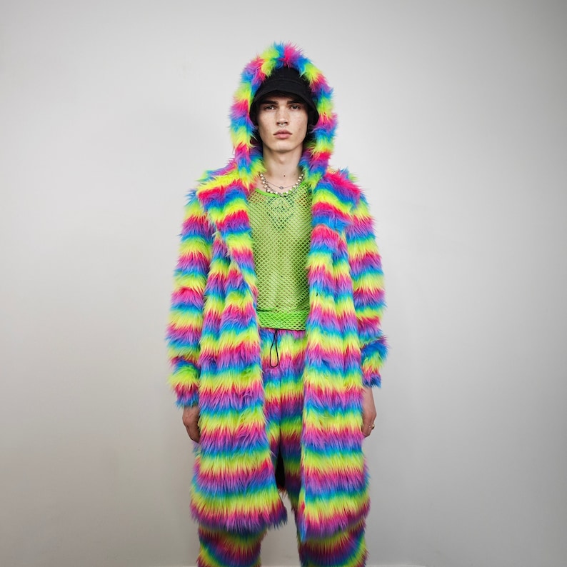 Rainbow shaggy fur coat longline striped carnival trench Gay overcoat fuzzy rave bomber Pride festival jacket LGBT custom fluffy peacoat