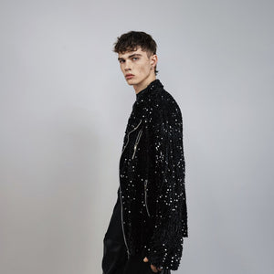 Sequin biker jacket black glitter bomber sparkle night club coat party blazer glam rock overcoat fancy dress embellished going out top