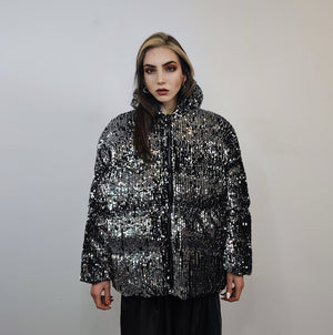 Silver sequin hooded bomber glitter jacket sparkle puffer party varsity festival fancy dress embellished coat going out top metallic grey