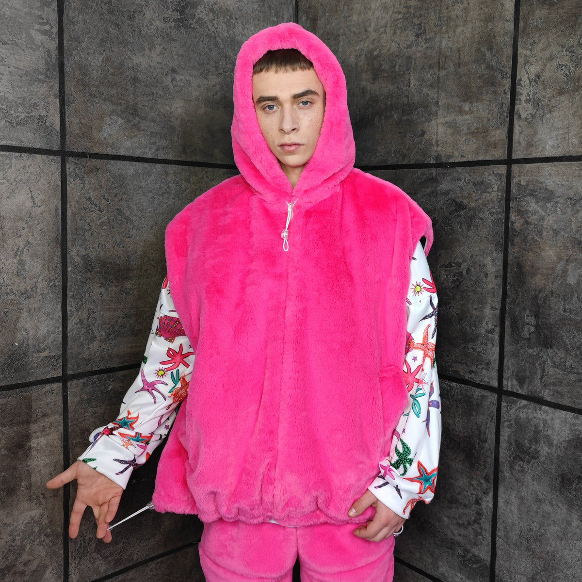 Pink fleece jacket handmade detachable fluffy bomber fluorescent faux fur premium Barbie coat in bright neon pink