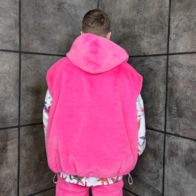 Pink fleece jacket handmade detachable fluffy bomber fluorescent faux fur premium Barbie coat in bright neon pink