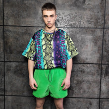 Load image into Gallery viewer, Neon fleece joggers luminous detachable pants handmade fluorescent faux fur raver shorts premium festival overalls in electric techno green