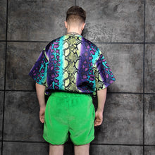 Load image into Gallery viewer, Neon fleece joggers luminous detachable pants handmade fluorescent faux fur raver shorts premium festival overalls in electric techno green