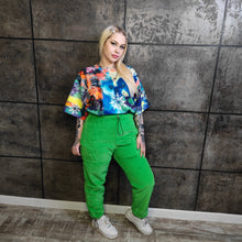 Load image into Gallery viewer, Neon fleece joggers luminous detachable pants handmade fluorescent faux fur raver shorts premium festival overalls in electric techno green