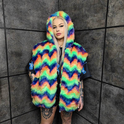 Festival fleece jacket handmade detachable fluffy rave bomber fluorescent faux fur premium Gay pride top coat in rainbow