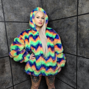 Festival fleece jacket handmade detachable fluffy rave bomber fluorescent faux fur premium Gay pride top coat in rainbow