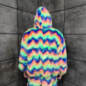 Festival fleece jacket handmade detachable fluffy rave bomber fluorescent faux fur premium Gay pride top coat in rainbow