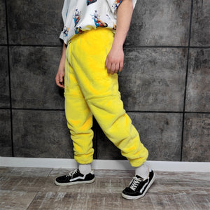 Neon fleece joggers luminous detachable pants handmade fluorescent faux fur raver shorts premium festival overalls in electric party yellow