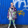 Tie-dye fleece jacket skater bomber handmade detachable trench coat fluorescent hooded faux fur gradient premium mac in purple and green