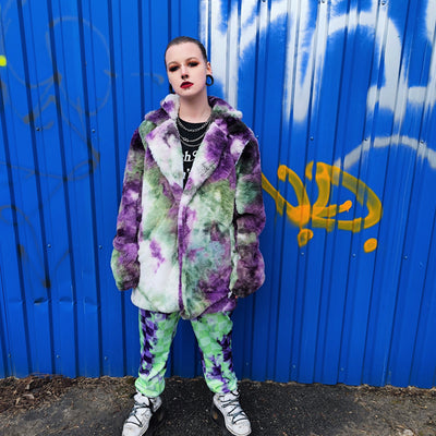 Tie-dye fleece jacket skater bomber handmade detachable trench coat fluorescent hooded faux fur gradient premium mac in purple and green