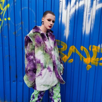 Tie-dye fleece jacket skater bomber handmade detachable trench coat fluorescent hooded faux fur gradient premium mac in purple and green