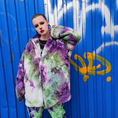 Tie-dye fleece jacket skater bomber handmade detachable trench coat fluorescent hooded faux fur gradient premium mac in purple and green