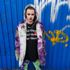 Tie-dye fleece jacket skater bomber handmade detachable trench coat fluorescent hooded faux fur gradient premium mac in purple and green