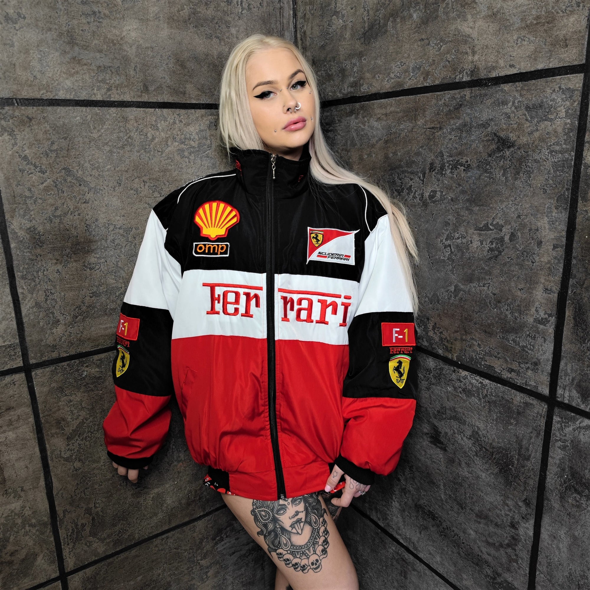 F1 racing jacket multi patch Ferrari motorcycle varsity vintage Formula one letterman bomber premium biker jacket in red black white