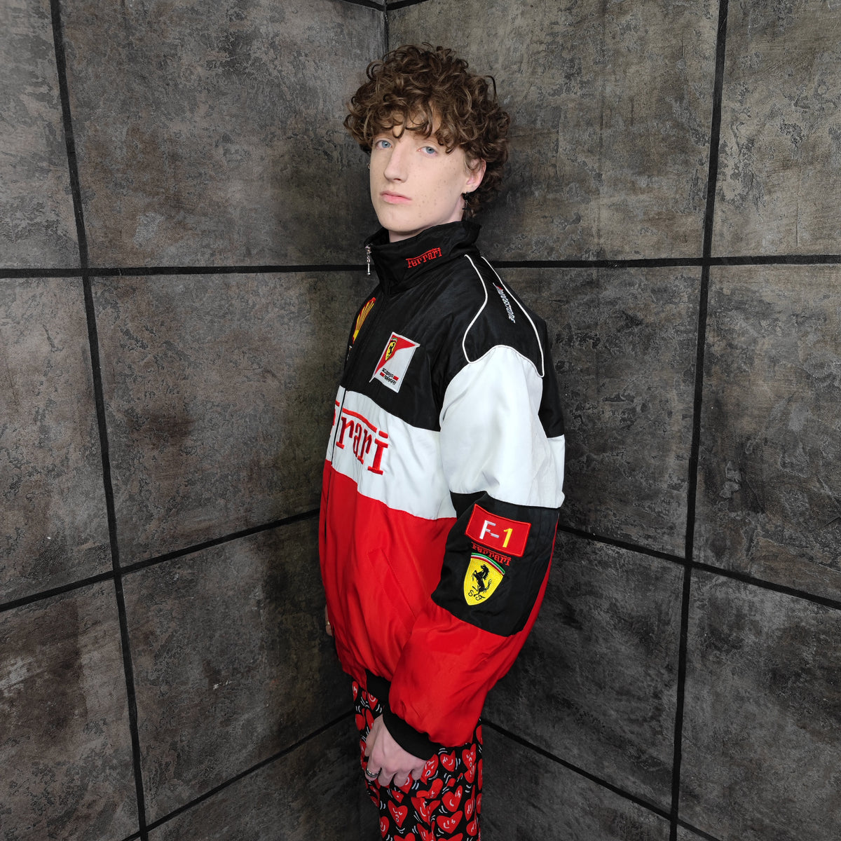 F1 racing jacket multi patch Ferrari motorcycle varsity vintage Formula one letterman bomber premium biker jacket in red black white