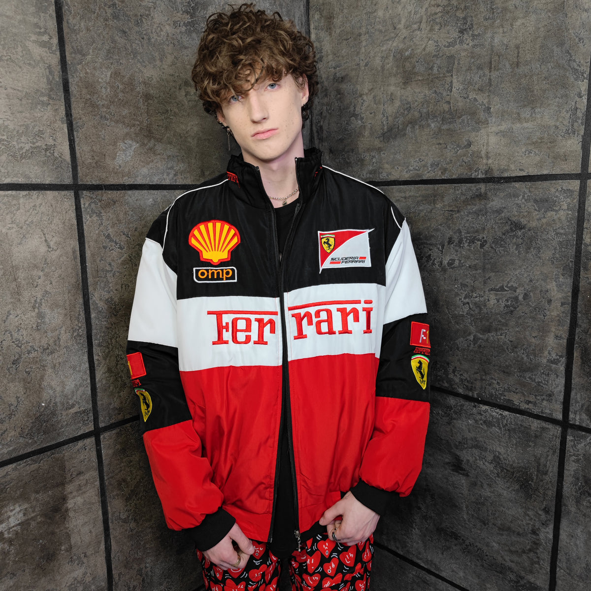 F1 racing jacket multi patch Ferrari motorcycle varsity vintage Formula one letterman bomber premium biker jacket in red black white
