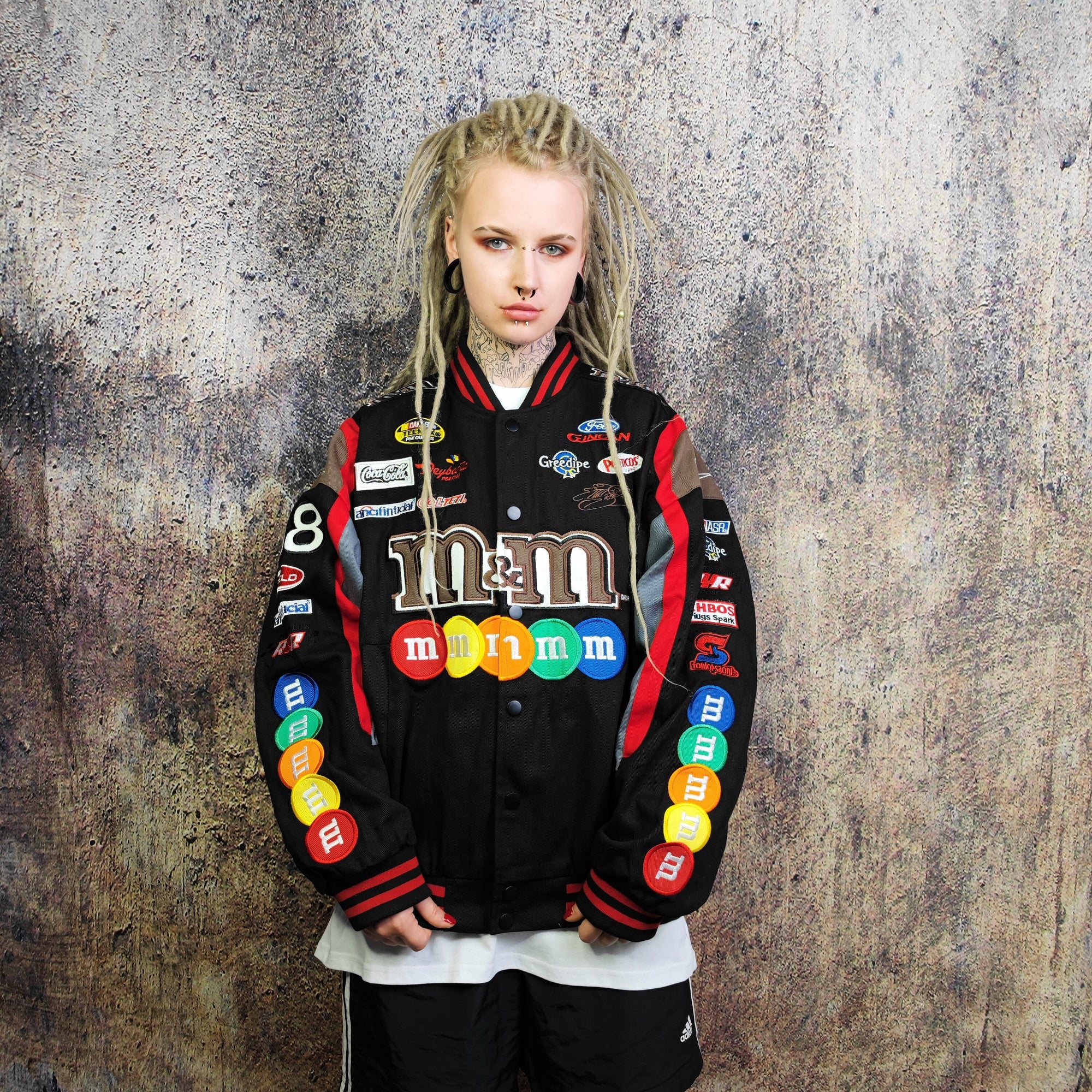 M&M candy motorcycle jacket patch Racer varsity vintage baseball denim letterman in black