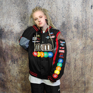 M&M candy motorcycle jacket patch Racer varsity vintage baseball denim letterman in black