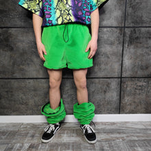 Load image into Gallery viewer, Neon fleece joggers luminous detachable pants handmade fluorescent faux fur raver shorts premium festival overalls in electric techno green