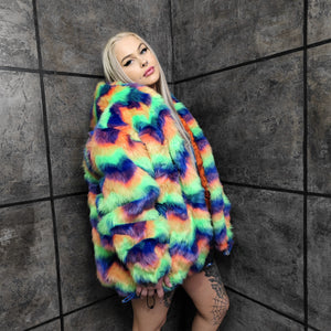 Festival fleece jacket handmade detachable fluffy rave bomber fluorescent faux fur premium Gay pride top coat in rainbow