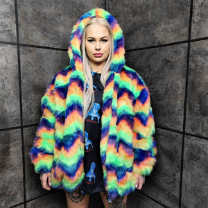 Festival fleece jacket handmade detachable fluffy rave bomber fluorescent faux fur premium Gay pride top coat in rainbow