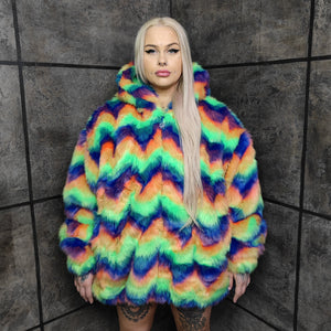 Festival fleece jacket handmade detachable fluffy rave bomber fluorescent faux fur premium Gay pride top coat in rainbow