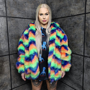 Festival fleece jacket handmade detachable fluffy rave bomber fluorescent faux fur premium Gay pride top coat in rainbow