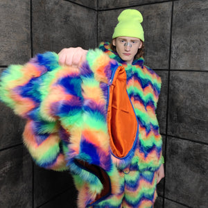 Festival fleece jacket handmade detachable fluffy rave bomber fluorescent faux fur premium Gay pride top coat in rainbow