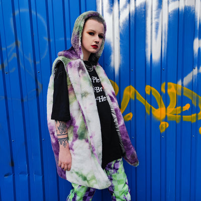 Tie-dye fleece jacket skater bomber handmade detachable trench coat fluorescent hooded faux fur gradient premium mac in purple and green