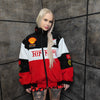 F1 racing jacket multi patch Ferrari motorcycle varsity vintage Formula one letterman bomber premium biker jacket in red black white