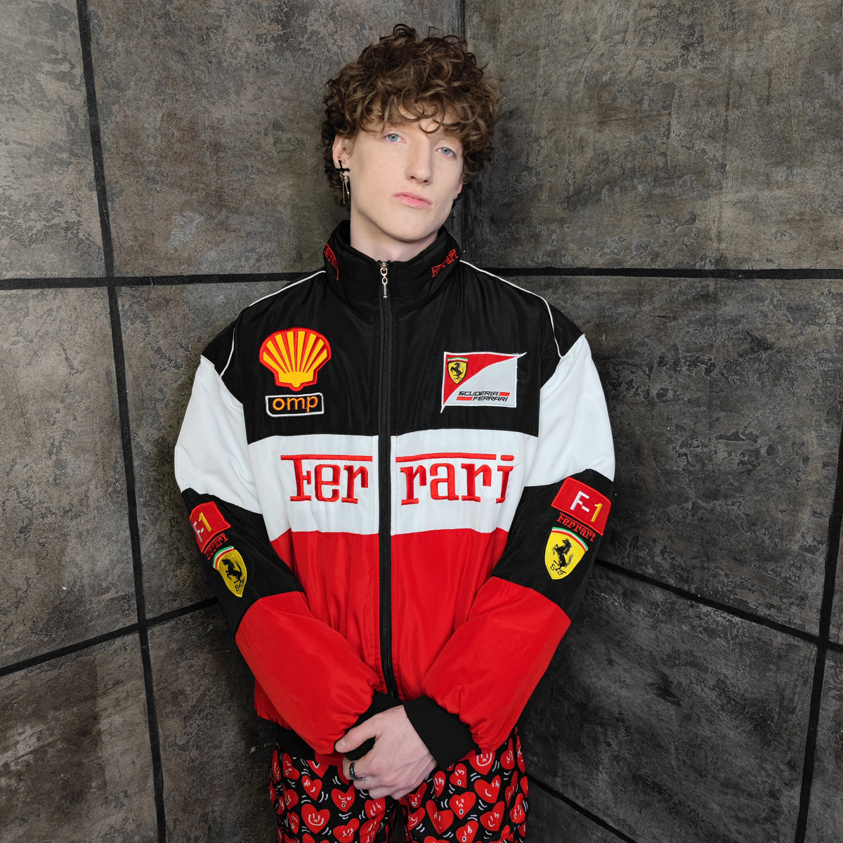 F1 racing jacket multi patch Ferrari motorcycle varsity vintage Formula one letterman bomber premium biker jacket in red black white
