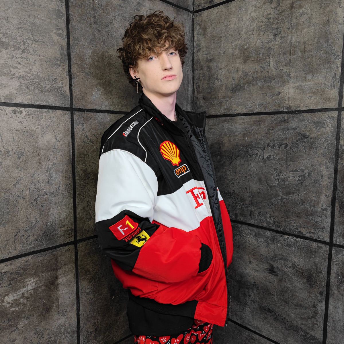 F1 racing jacket multi patch Ferrari motorcycle varsity vintage Formula one letterman bomber premium biker jacket in red black white