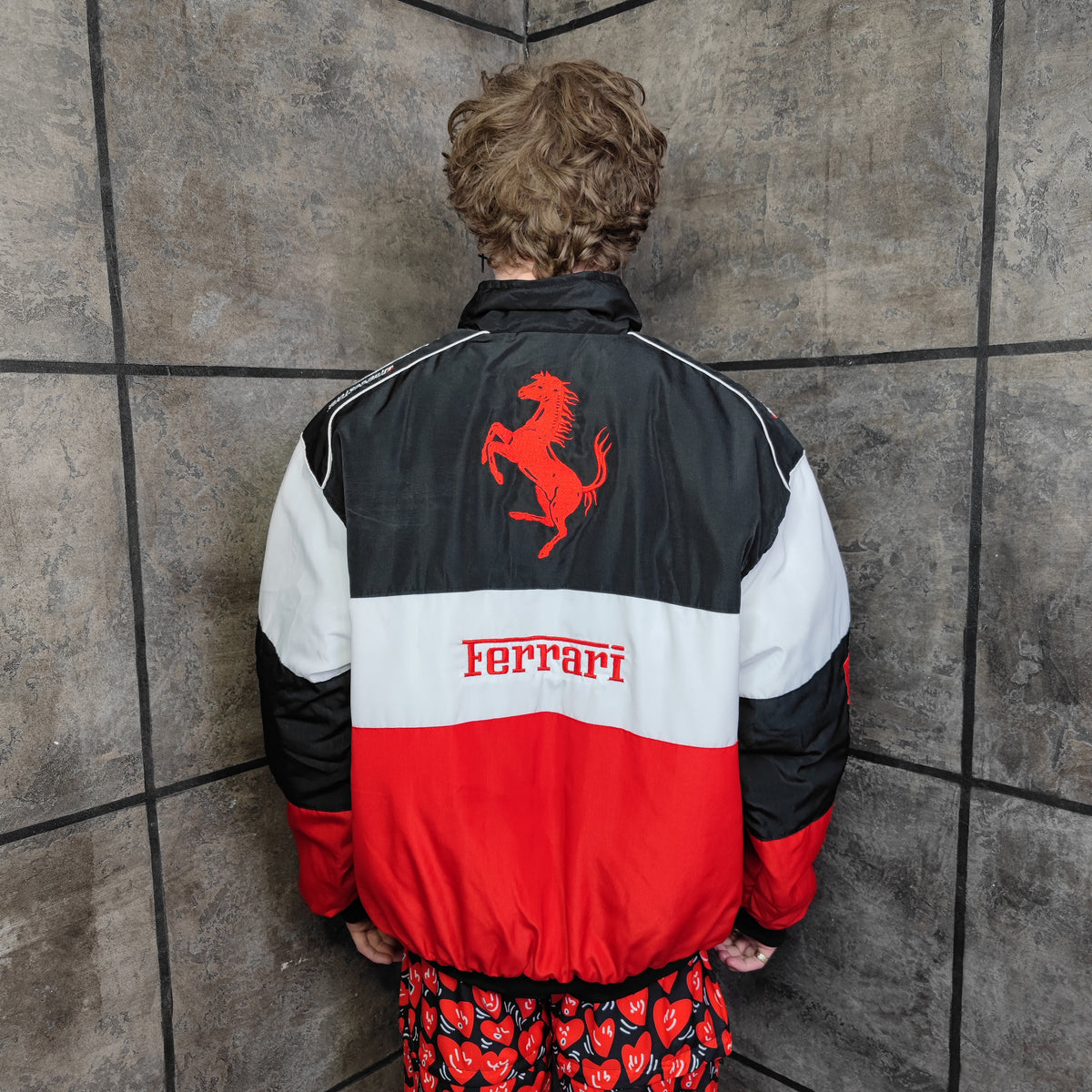 F1 racing jacket multi patch Ferrari motorcycle varsity vintage Formula one letterman bomber premium biker jacket in red black white