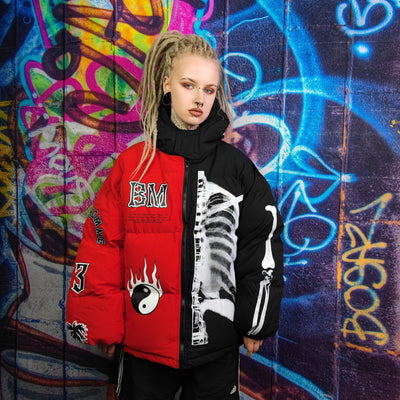 Skeleton puffer split color bomber jacket grunge varsity red