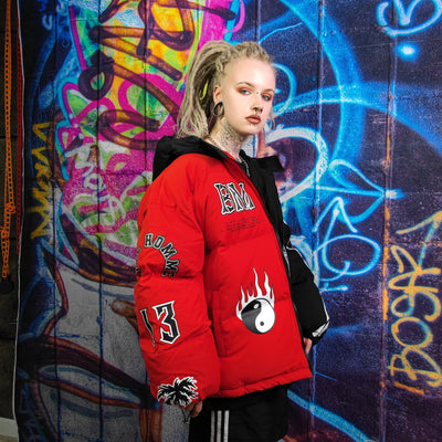 Skeleton puffer split color bomber jacket grunge varsity red