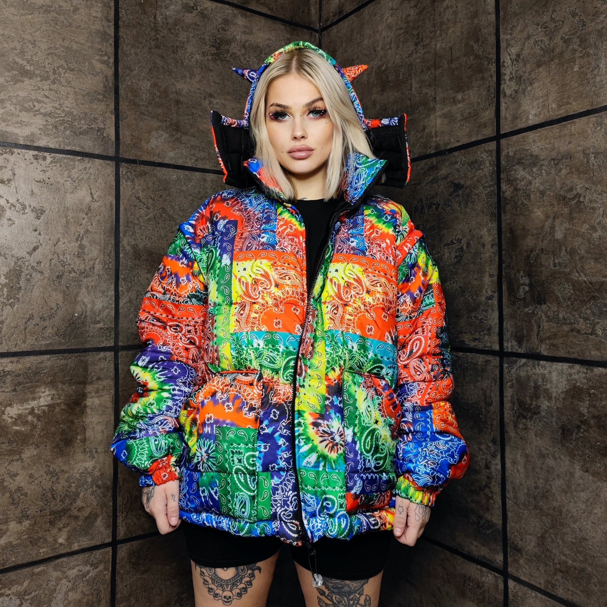 Bandanna bomber handmade detachable paisley puffer devil horn jacket cashew print coat two sided jacket in rainbow