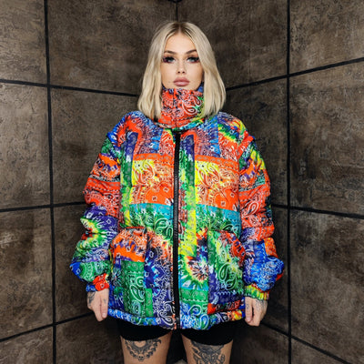 Bandanna bomber handmade detachable paisley puffer devil horn jacket cashew print coat two sided jacket in rainbow