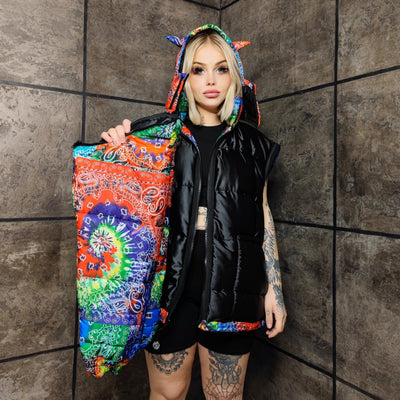 Bandanna bomber handmade detachable paisley puffer devil horn jacket cashew print coat two sided jacket in rainbow