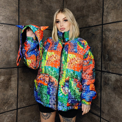 Bandanna bomber handmade detachable paisley puffer devil horn jacket cashew print coat two sided jacket in rainbow