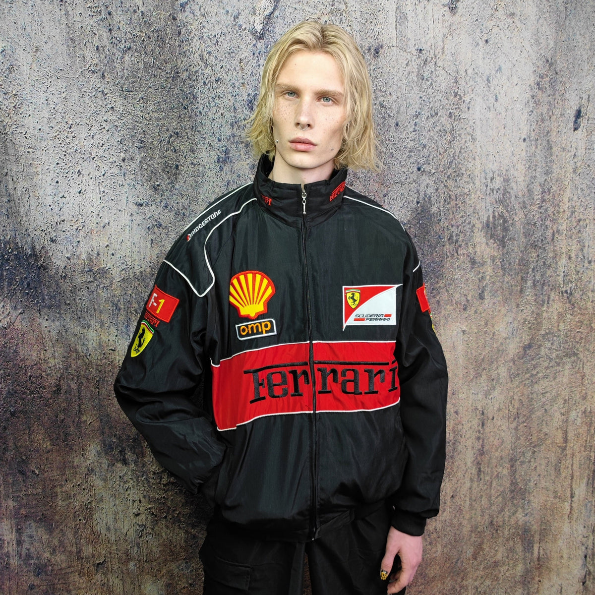 F1 racing jacket multi patch Ferrari motorcycle varsity vintage Formula one letterman bomber premium biker jacket in black red