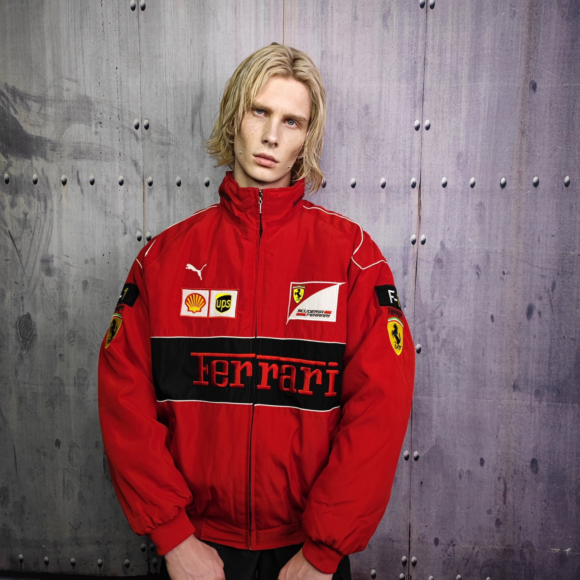 F1 racing jacket multi patch Ferrari motorcycle varsity vintage Formula one letterman bomber premium biker jacket in red