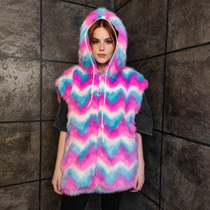 Festival fleece jacket handmade detachable fluffy rave bomber fluorescent faux fur premium grunge top raver coat in pink blue