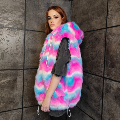 Festival fleece jacket handmade detachable fluffy rave bomber fluorescent faux fur premium grunge top raver coat in pink blue