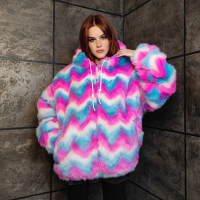 Festival fleece jacket handmade detachable fluffy rave bomber fluorescent faux fur premium grunge top raver coat in pink blue