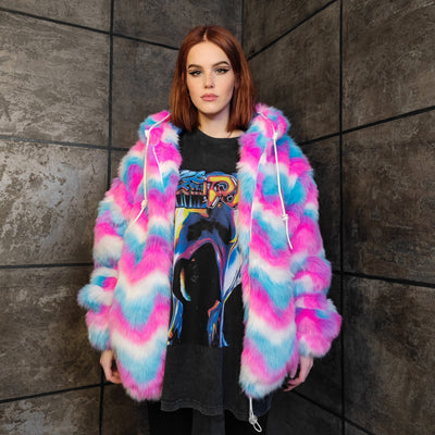 Festival fleece jacket handmade detachable fluffy rave bomber fluorescent faux fur premium grunge top raver coat in pink blue